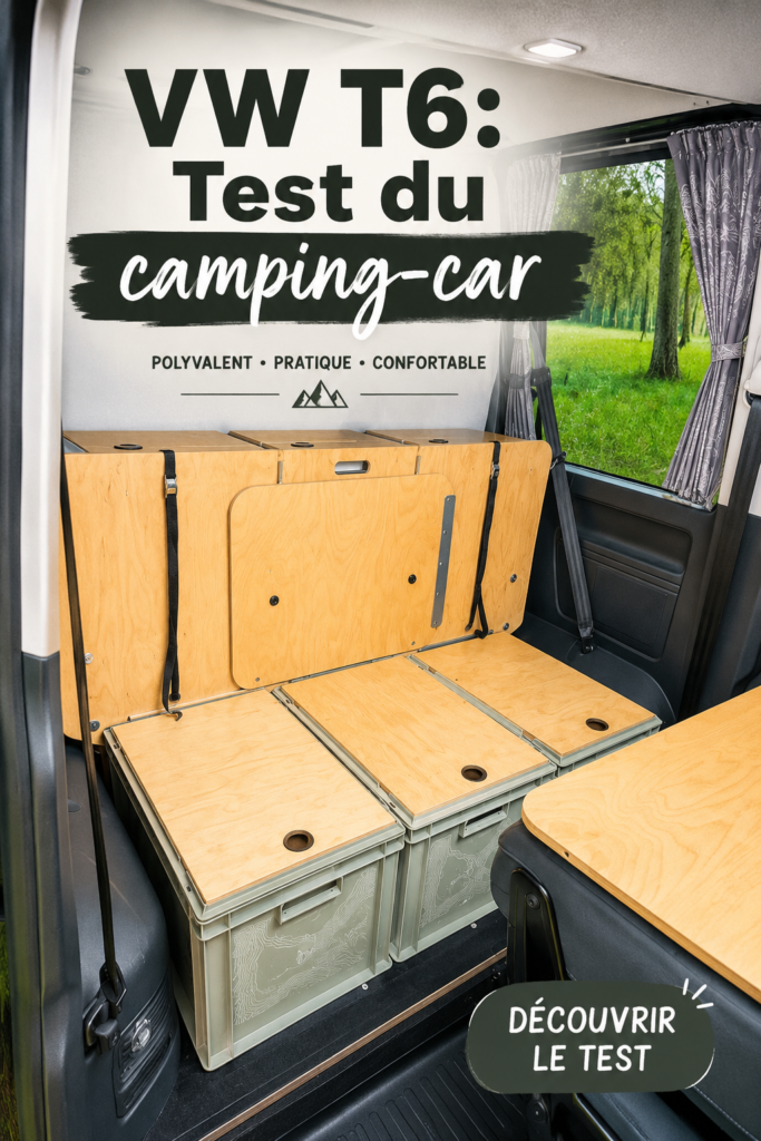Un VW T6 garé dans un cadre naturel, prêt pour l'aventure.
