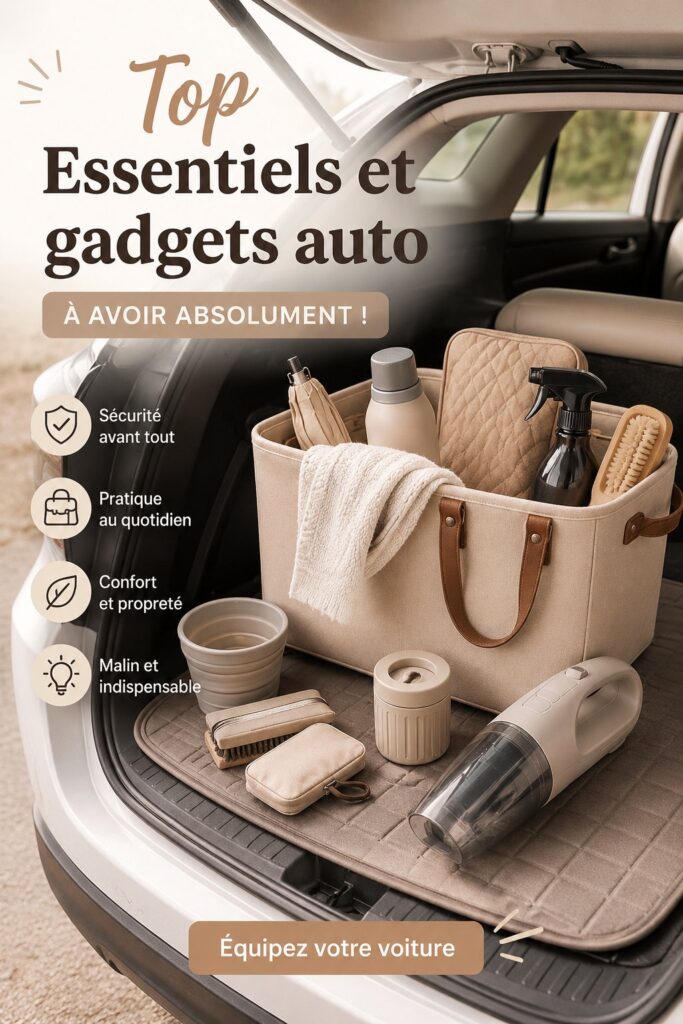 Femme souriante à l'intérieur de sa voiture avec des accessoires pratiques.