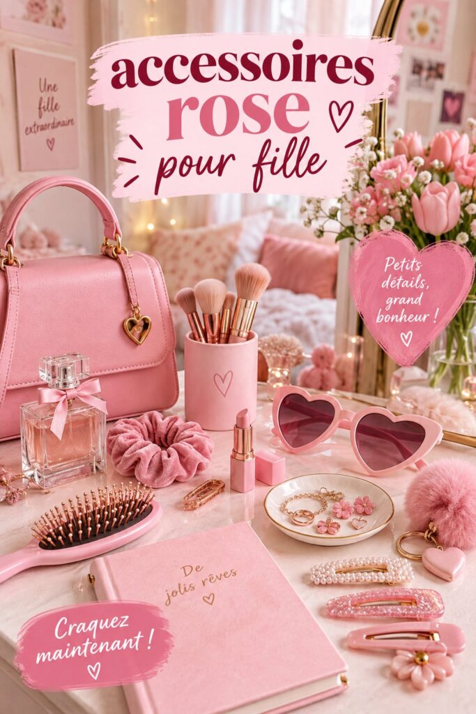 Un aperçu d'accessoires roses décoratifs pour la maison, tels que des coussins et des vases.