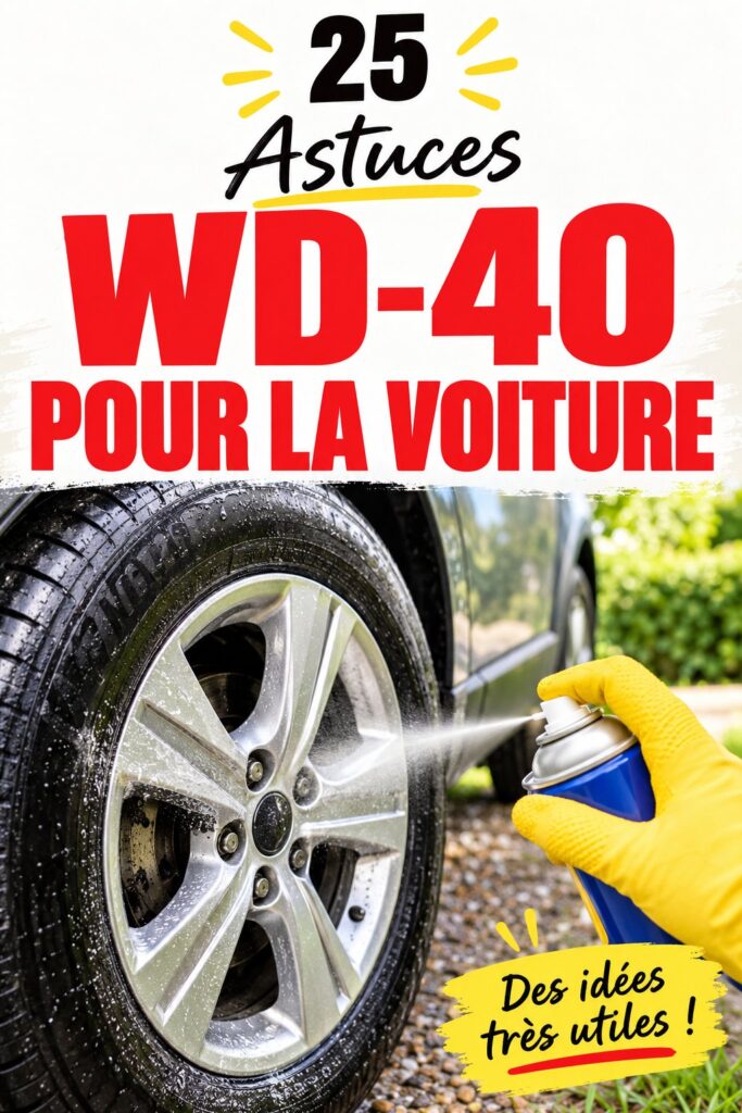 Un flacon de WD-40 placé sur un capot de voiture avec des outils à proximité.