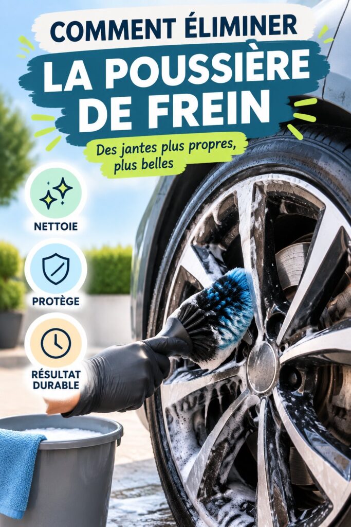 Une femme nettoyant la jante de sa voiture en éliminant la poussière de frein.
