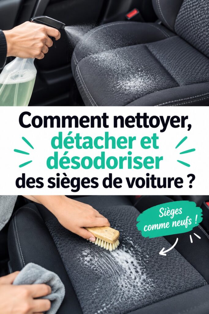 Femme nettoyant les sièges de voiture avec un produit spécifique.