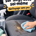 Femme nettoyant un siège auto en tissu avec un produit naturel