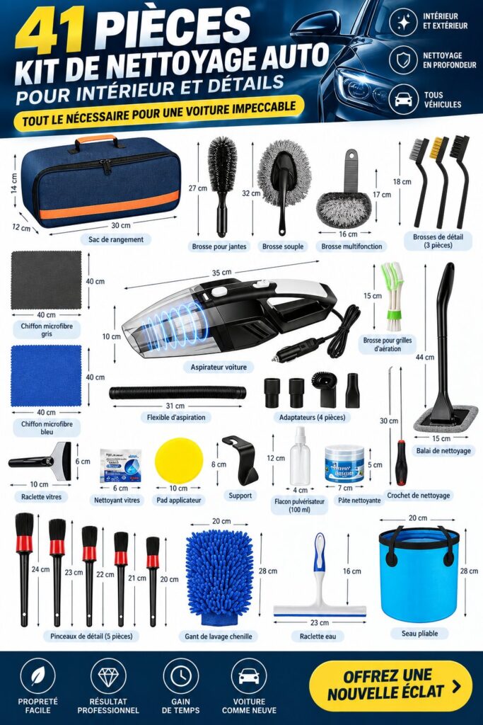 Kit de nettoyage auto complet avec divers accessoires pour l'intérieur.