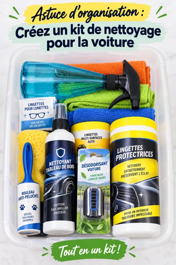 Kit de nettoyage auto bien organisé avec divers produits pour l'entretien.