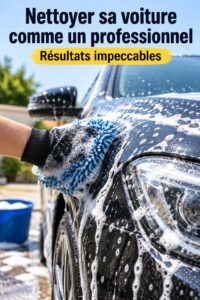 Une femme nettoie l'intérieur de sa voiture avec des produits de nettoyage auto.