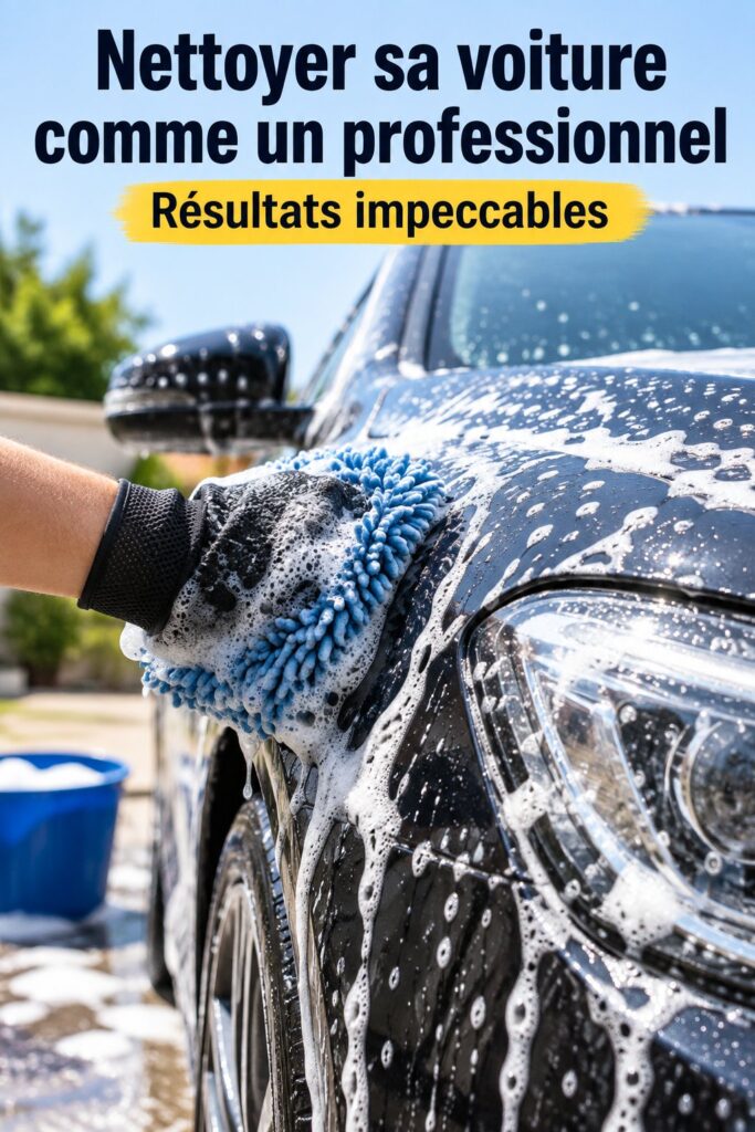 Une femme nettoie l'intérieur de sa voiture avec des produits de nettoyage auto.