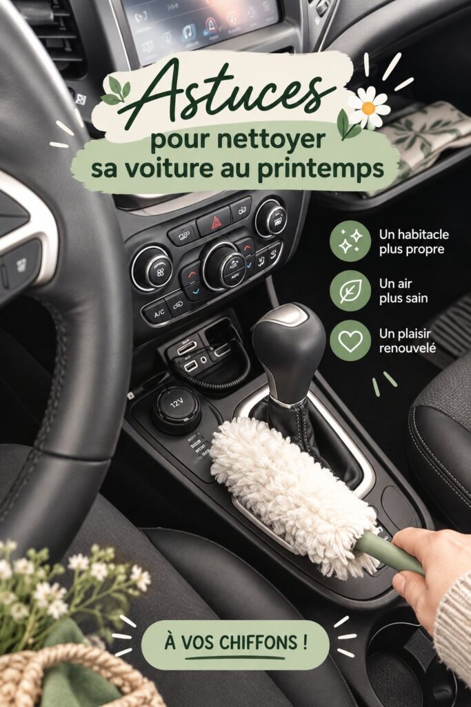 Une femme nettoie l'intérieur de sa voiture avec des produits écologiques et des accessoires pratiques.