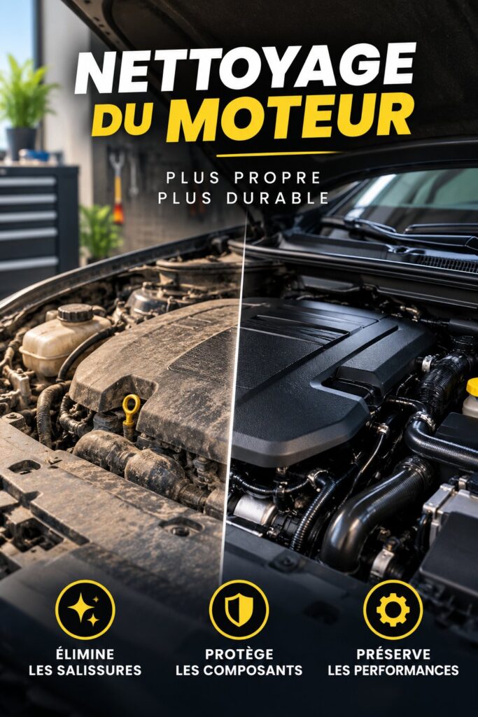 Moteur de voiture propre et entretenu avec des produits de nettoyage.
