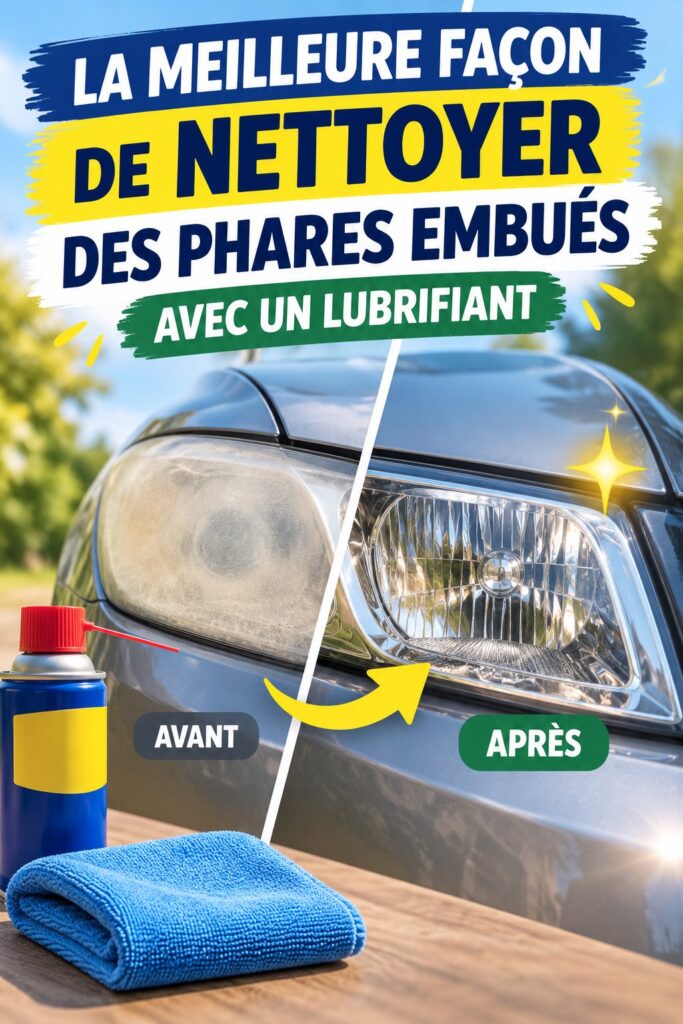 Phares de voiture nettoyés avec du WD-40, montrant leur brillance retrouvée.