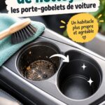 Femme nettoyant des porte-gobelets de voiture avec des produits écologiques.