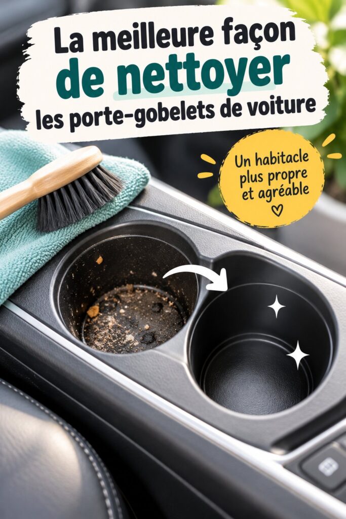 Femme nettoyant des porte-gobelets de voiture avec des produits écologiques.