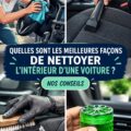 Intérieur de voiture impeccablement nettoyé montrant des sièges et tableau de bord brillants.
