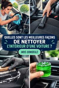 Intérieur de voiture impeccablement nettoyé montrant des sièges et tableau de bord brillants.