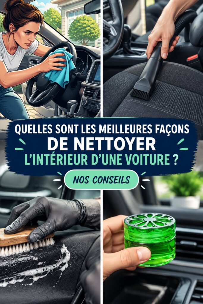 Intérieur de voiture impeccablement nettoyé montrant des sièges et tableau de bord brillants.