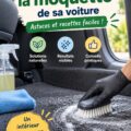 Femme nettoyant les tapis de voiture avec des produits naturels et un aspirateur