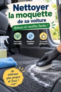 Femme nettoyant les tapis de voiture avec des produits naturels et un aspirateur