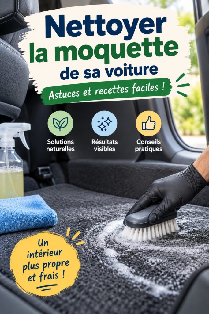 Femme nettoyant les tapis de voiture avec des produits naturels et un aspirateur