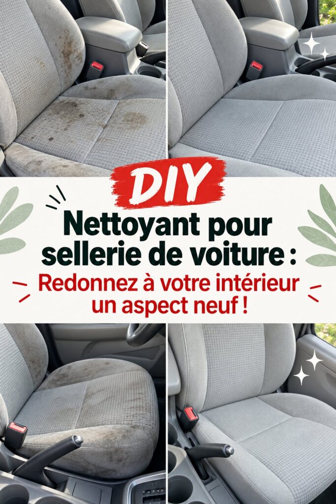 Bouteille de nettoyant fait maison pour l'intérieur de voiture sur une surface de travail.