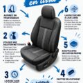 Femme nettoyant l'intérieur en tissu de sa voiture avec un produit adapté.