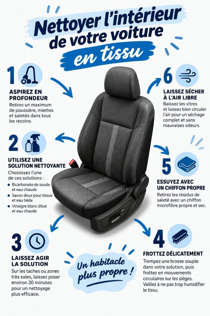 Femme nettoyant l'intérieur en tissu de sa voiture avec un produit adapté.