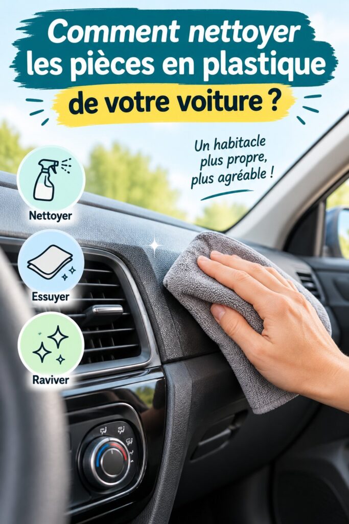 Femme nettoyant les pièces en plastique de sa voiture avec des produits naturels