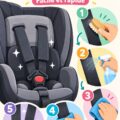 Une femme nettoie les sangles de siège auto avec un chiffon humide et un produit de nettoyage.