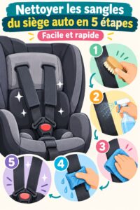 Une femme nettoie les sangles de siège auto avec un chiffon humide et un produit de nettoyage.
