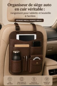 Organisateur en cuir pour voiture sur un siège arrière, idéal pour ranger vos affaires.
