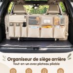 Organisateur de siège auto multifonction avec plusieurs poches et un plateau pliable.