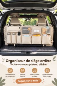Organisateur de siège auto multifonction avec plusieurs poches et un plateau pliable.