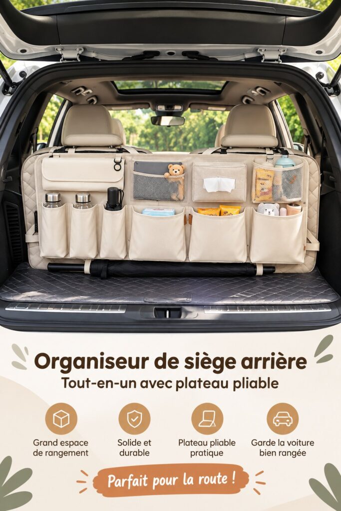 Organisateur de siège auto multifonction avec plusieurs poches et un plateau pliable.
