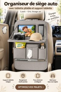 Organisateur de siège auto avec rangement pratique pour une voiture bien ordonnée.