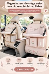 Organisateur de sièges auto en cuir avec table pliante, décoratif et pratique.
