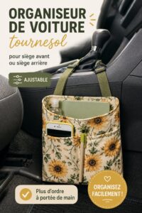 Organiseur de voiture en tournesol installé dans un véhicule, pratique et esthétique.