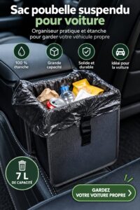 Sac à déchets auto noir accroché à un siège, montrant son design pratique et étanche.