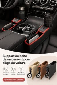 Un support de rangement installé dans une voiture avec diverses affaires organisées
