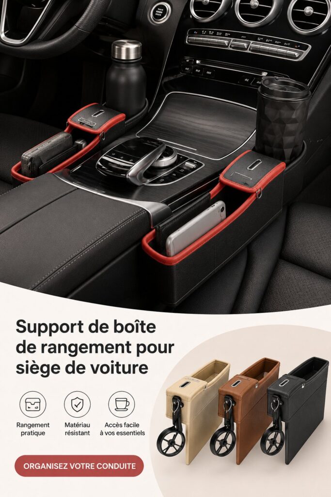 Un support de rangement installé dans une voiture avec diverses affaires organisées