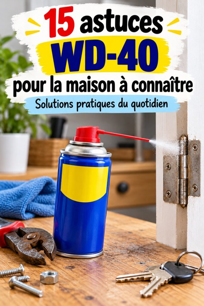 Un spray de WD-40 à côté d'objets du quotidien montrant son utilisation pour le nettoyage et l'entretien.
