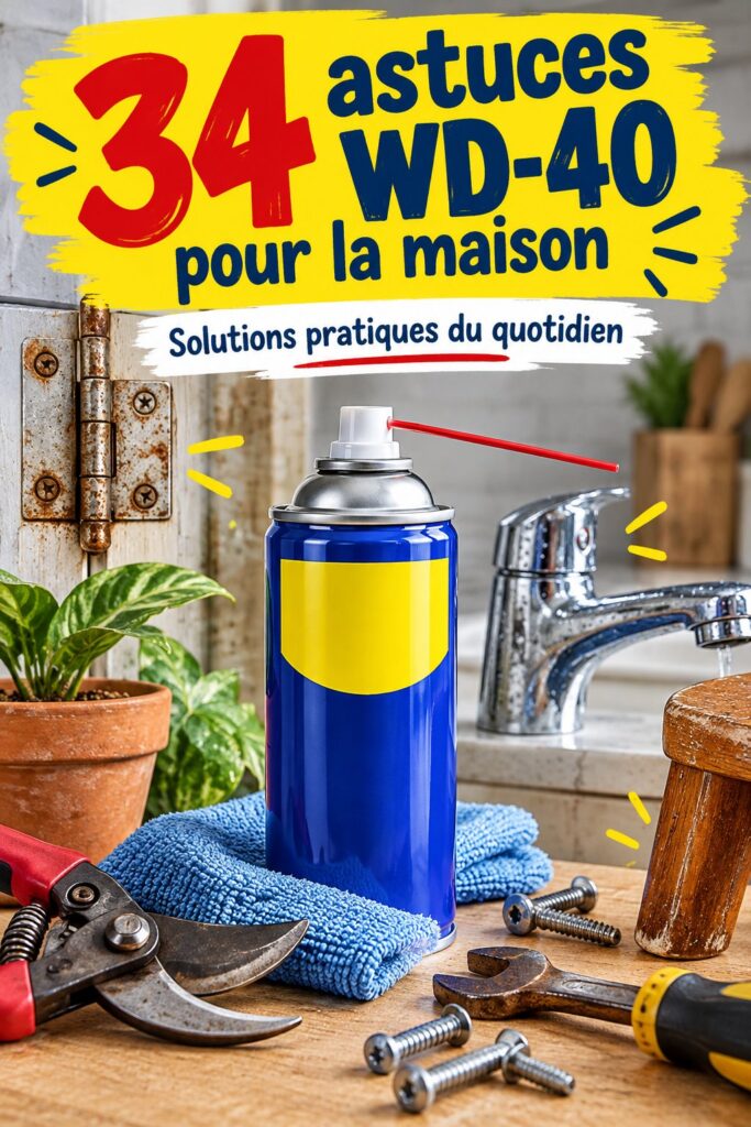 Une canette de WD-40 à côté d'accessoires de nettoyage pour la maison