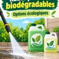 Détergents biodégradables pour nettoyeur haute pression sur une table