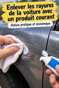 Un flacon de WD40 et une voiture avec des rayures sur la carrosserie
