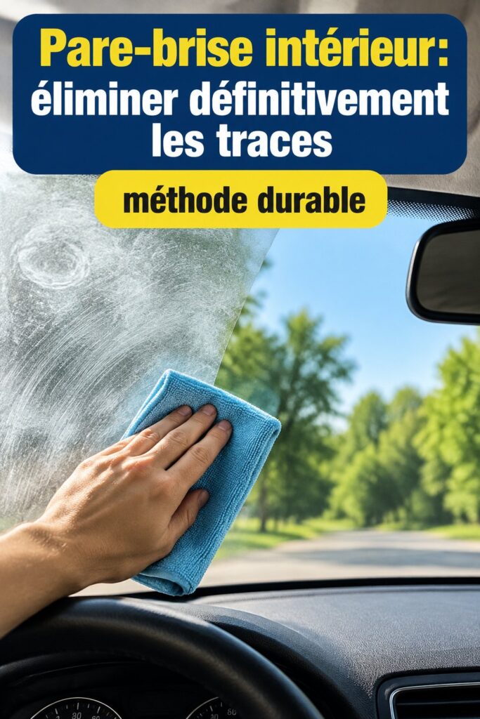 Femme nettoyant son pare-brise intérieur pour éliminer les traces