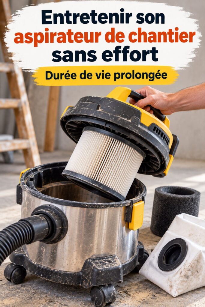 Aspirateur de chantier propre prêt à être utilisé dans un garage.