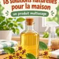 Flacon d'hamamélis sur une table avec des plantes en arrière-plan