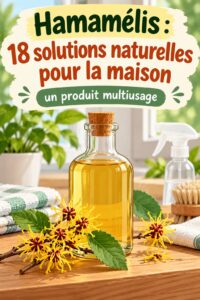 Flacon d'hamamélis sur une table avec des plantes en arrière-plan