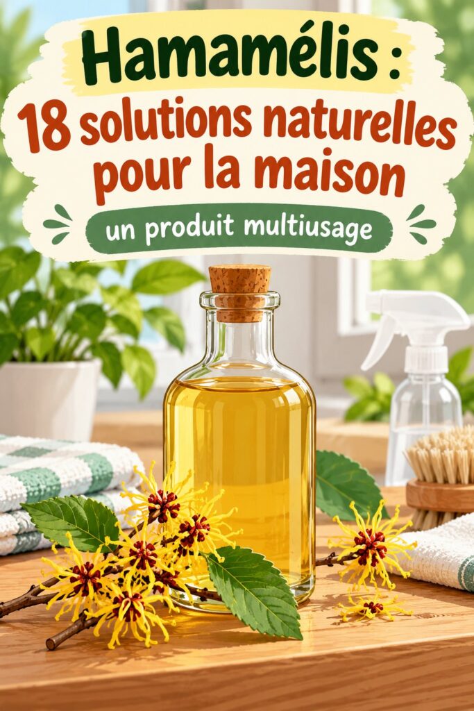 Flacon d'hamamélis sur une table avec des plantes en arrière-plan