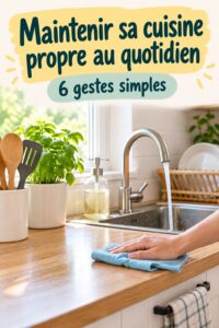 Cuisine bien rangée et propre avec des accessoires de nettoyage