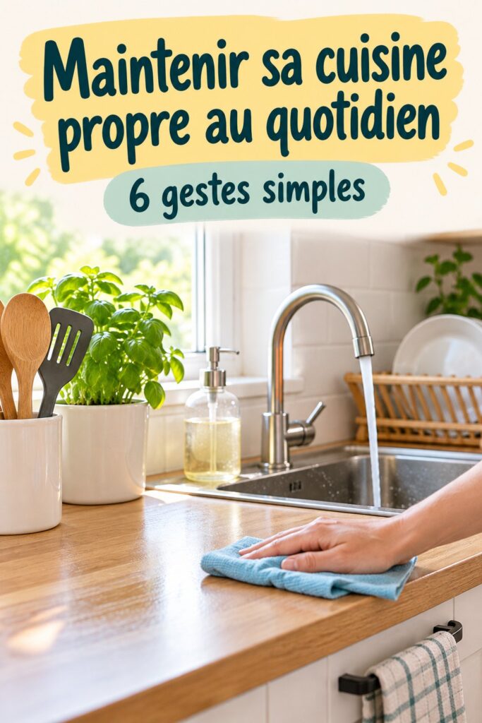 Cuisine bien rangée et propre avec des accessoires de nettoyage