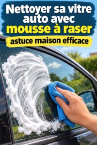 Pare-brise automobile nettoyé avec de la mousse à raser, mettant en avant sa clarté et propreté.